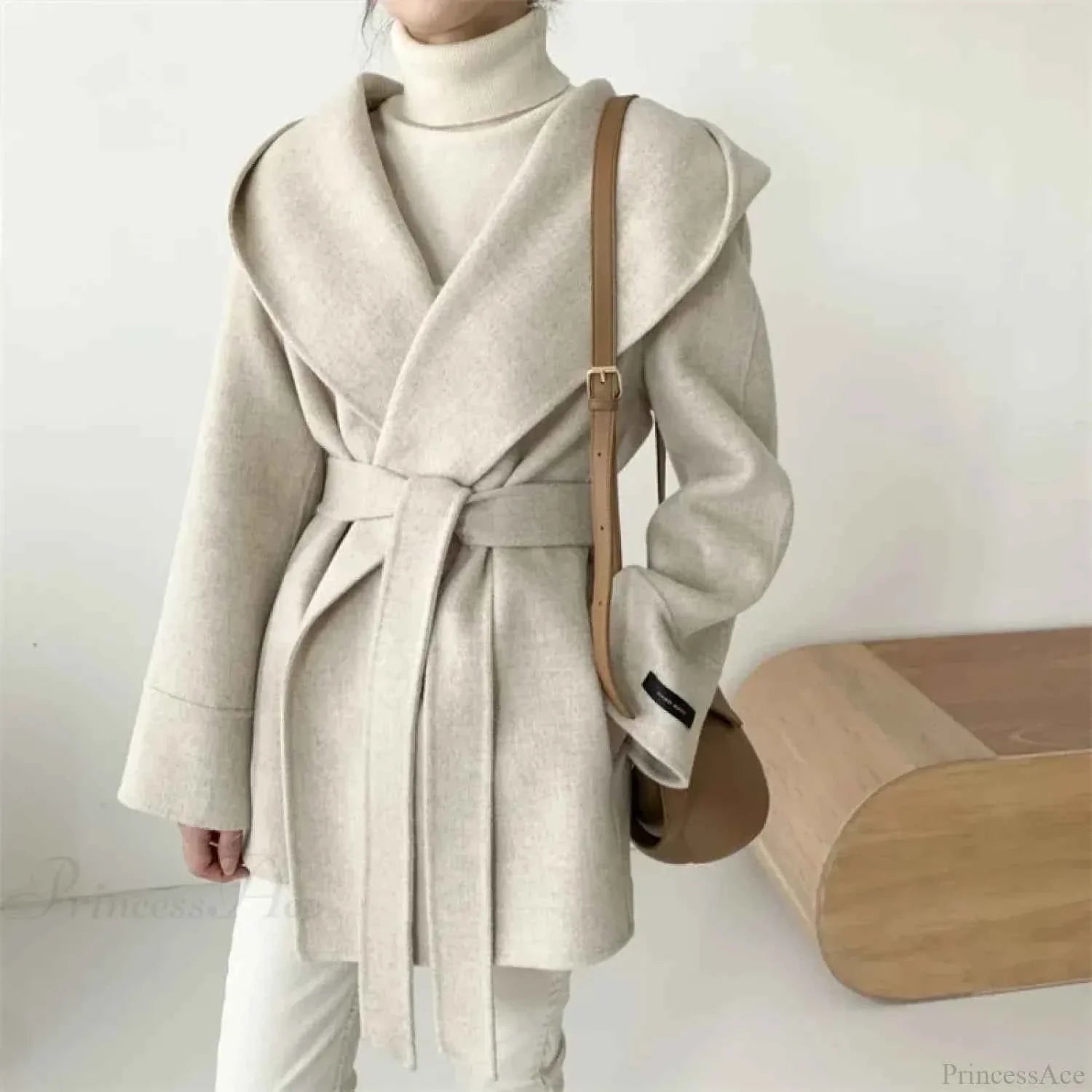 Hooded Brushed Coat with Belt Fastening and Dropped Shoulders