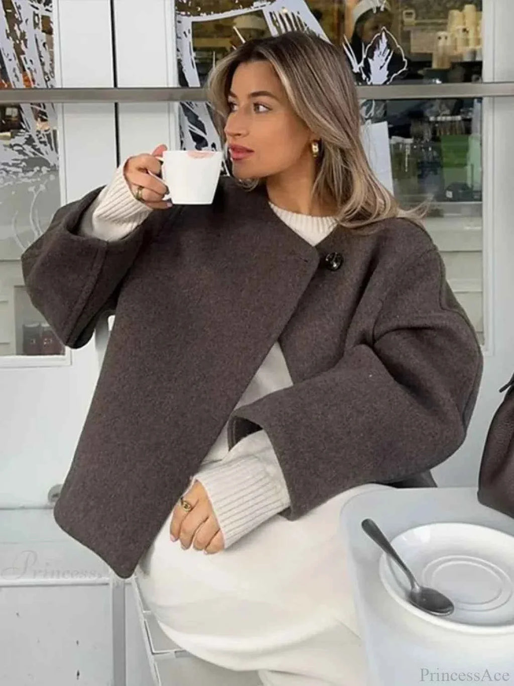 Brushed Long Coat with Single Breasted Front and Loose Fit