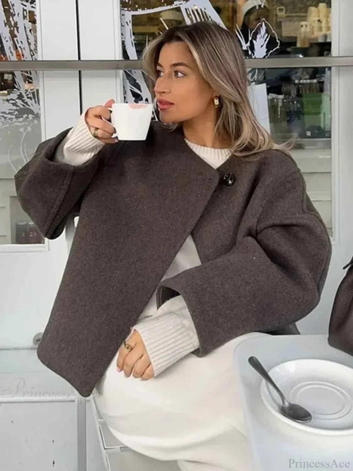 Brushed Long Coat with Single Breasted Front and Loose Fit