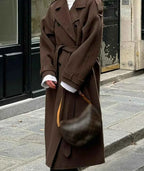 Brushed Longline Coat with Patchwork Panels and Adjustable Band