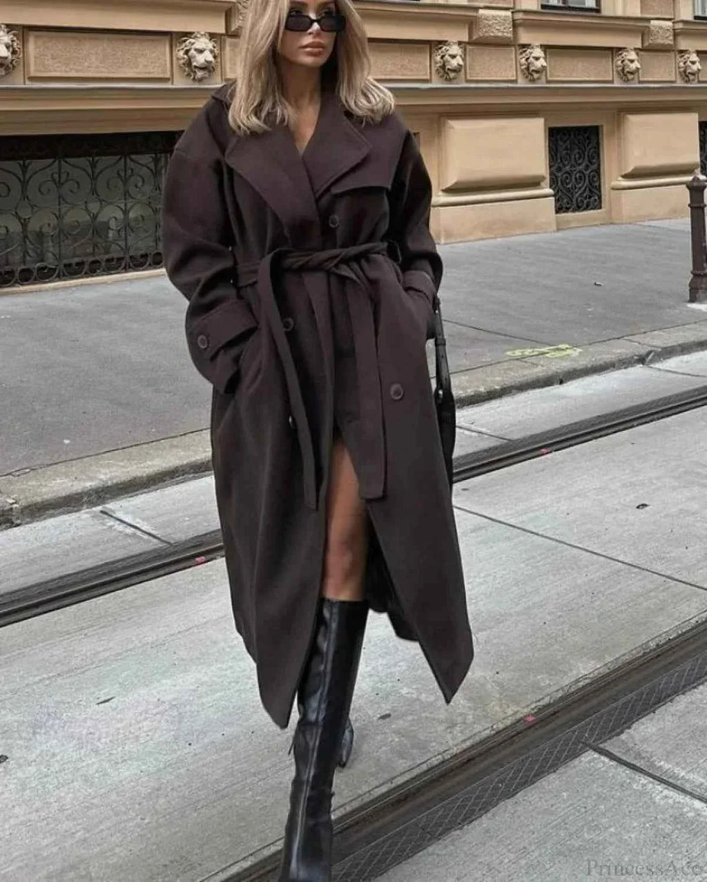 Brushed Longline Coat with Patchwork Panels and Adjustable Band