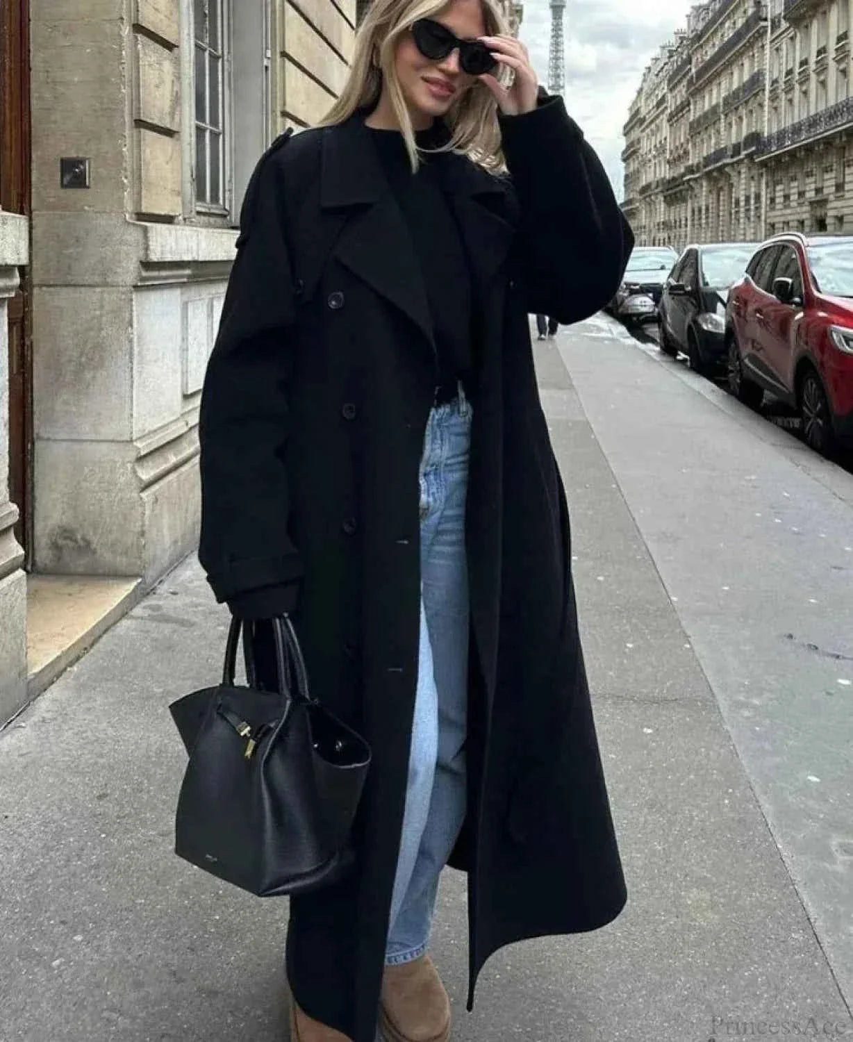 Brushed Longline Coat with Patchwork Panels and Adjustable Band