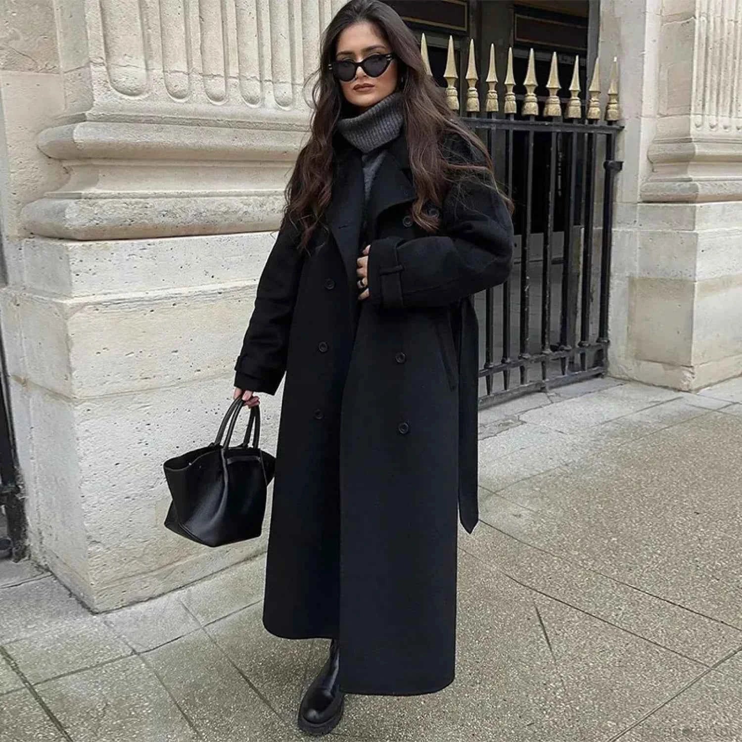 Brushed Longline Coat with Patchwork Panels and Adjustable Band