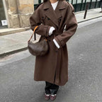 Brushed Longline Coat with Patchwork Panels and Adjustable Band