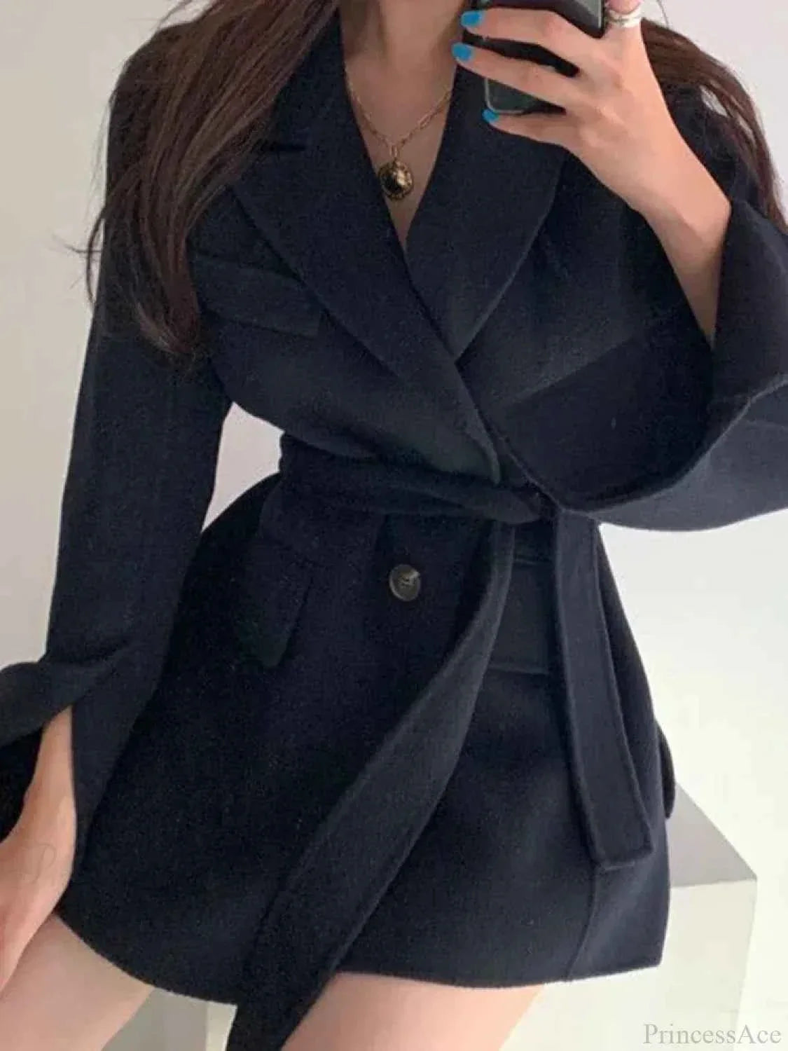 Belted Cape Coat with Lapel Collar and Inset Side Pockets