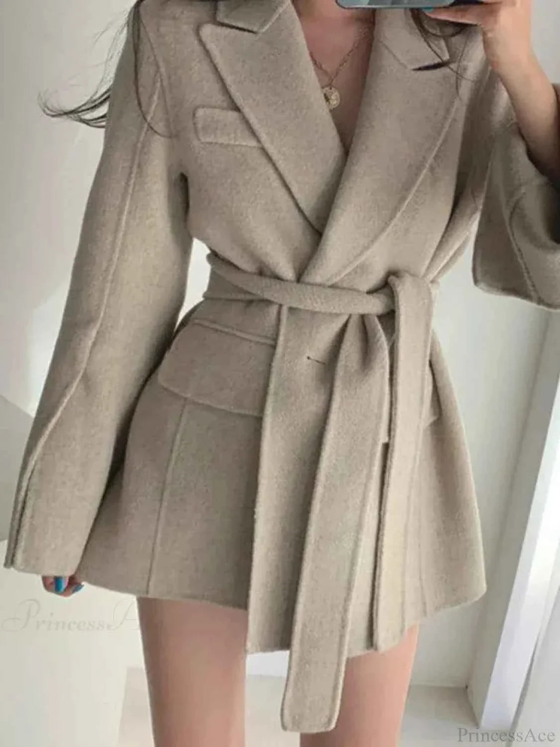 Belted Cape Coat with Lapel Collar and Inset Side Pockets