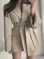 Belted Cape Coat with Lapel Collar and Inset Side Pockets