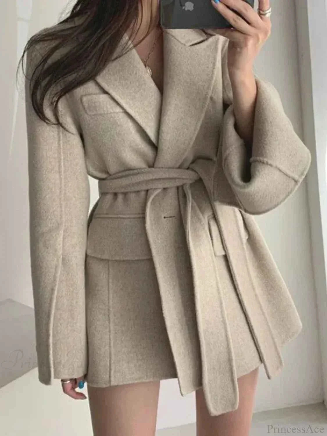 Belted Cape Coat with Lapel Collar and Inset Side Pockets