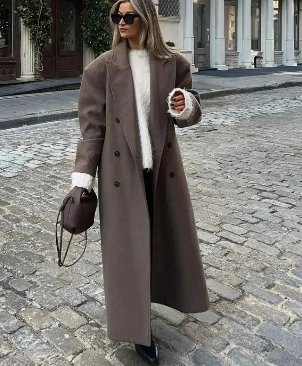 Double-Breasted Coat with Shoulder Epaulettes and Wide Lapels