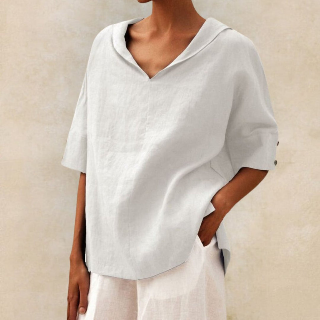 Short-Sleeve V-Neck Blouse in Linen