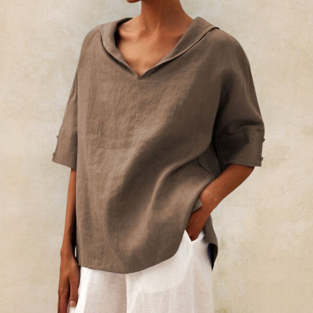 Short-Sleeve V-Neck Blouse in Linen