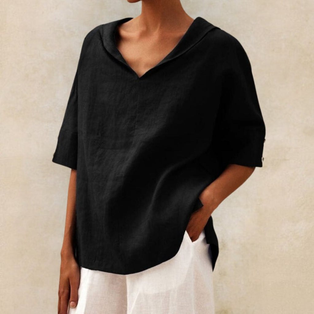 Short-Sleeve V-Neck Blouse in Linen