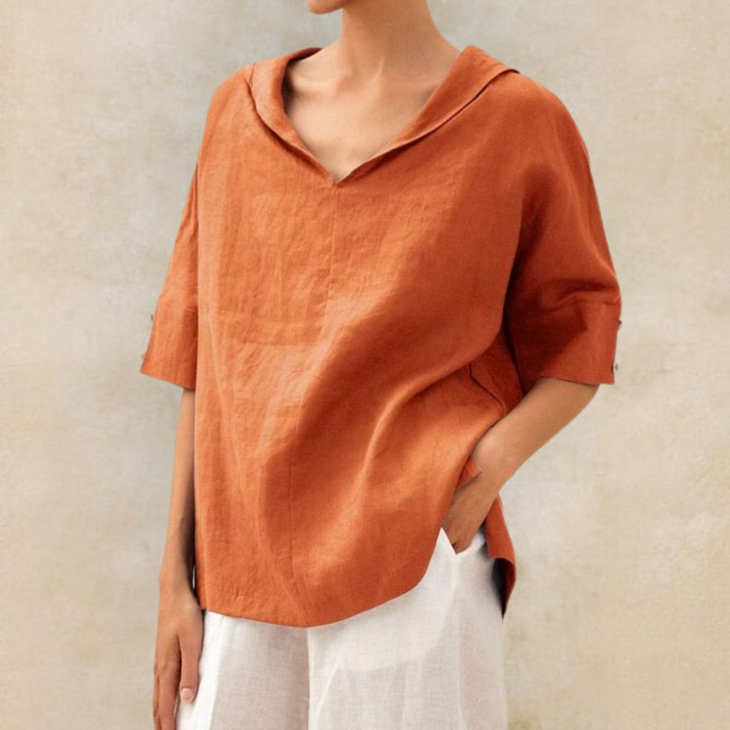 Short-Sleeve V-Neck Blouse in Linen