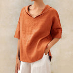 Short-Sleeve V-Neck Blouse in Linen