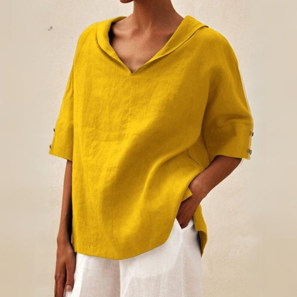 Short-Sleeve V-Neck Blouse in Linen
