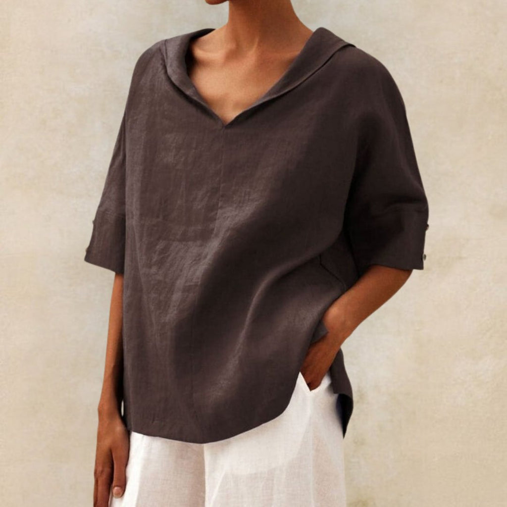 Short-Sleeve V-Neck Blouse in Linen