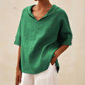 Short-Sleeve V-Neck Blouse in Linen
