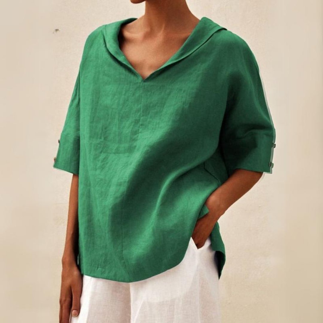 Short-Sleeve V-Neck Blouse in Linen