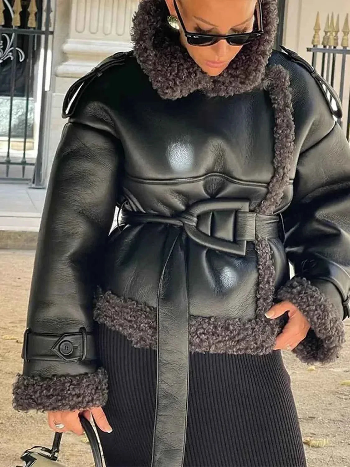 Leopard Print Faux Fur Coat with Turn-Down Collar and Long Cut