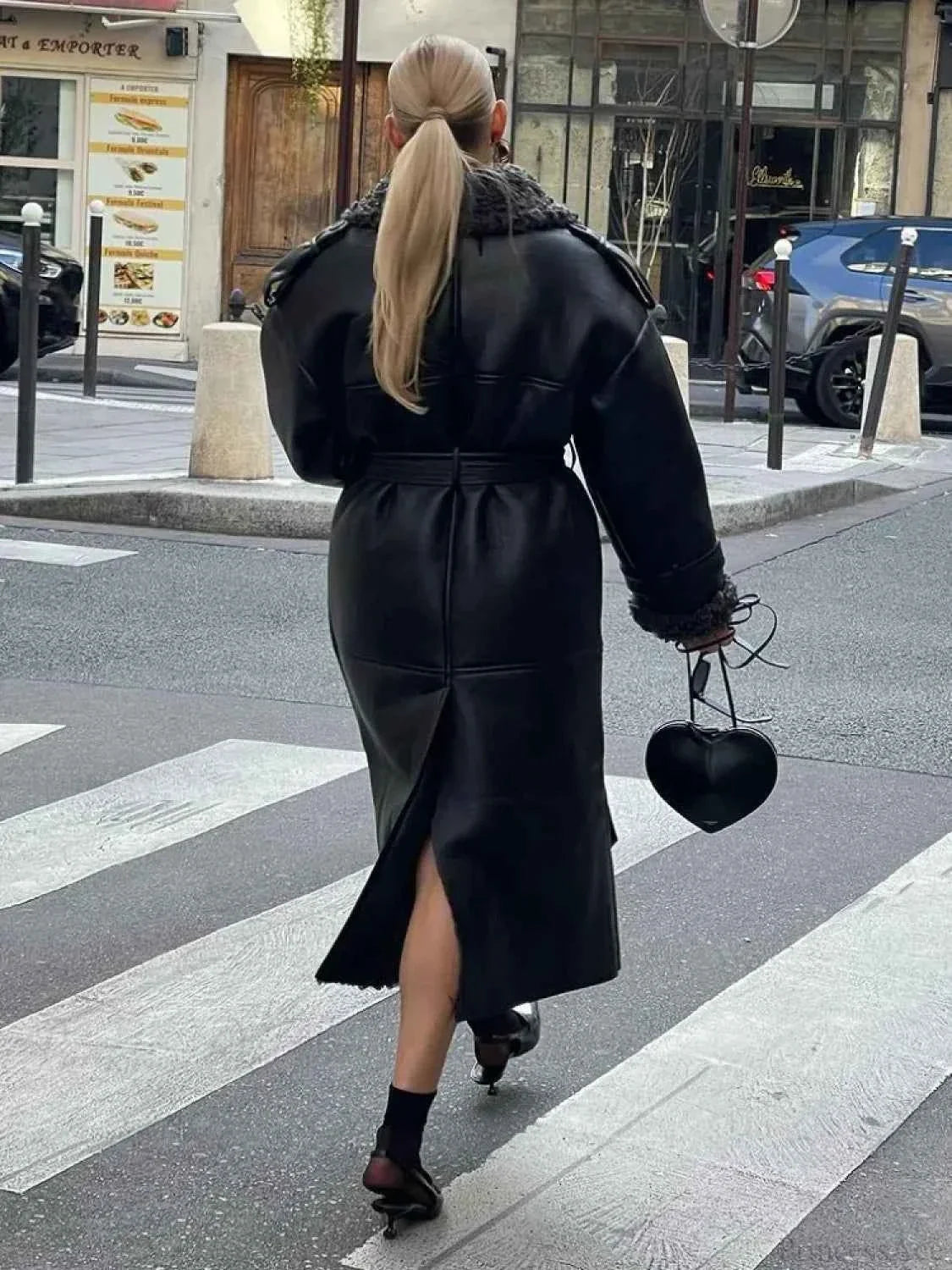 Leopard Print Faux Fur Coat with Turn-Down Collar and Long Cut