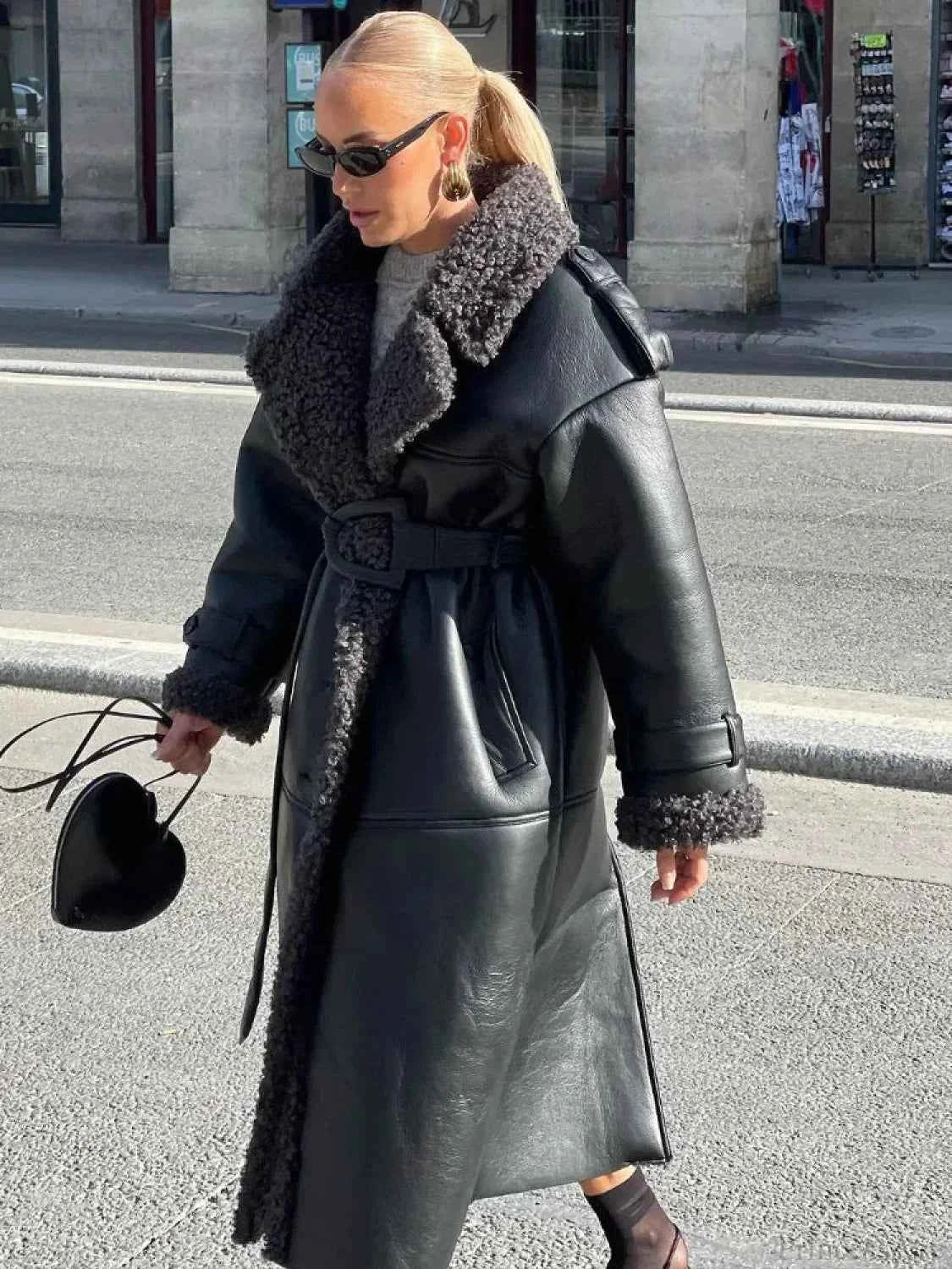 Leopard Print Faux Fur Coat with Turn-Down Collar and Long Cut