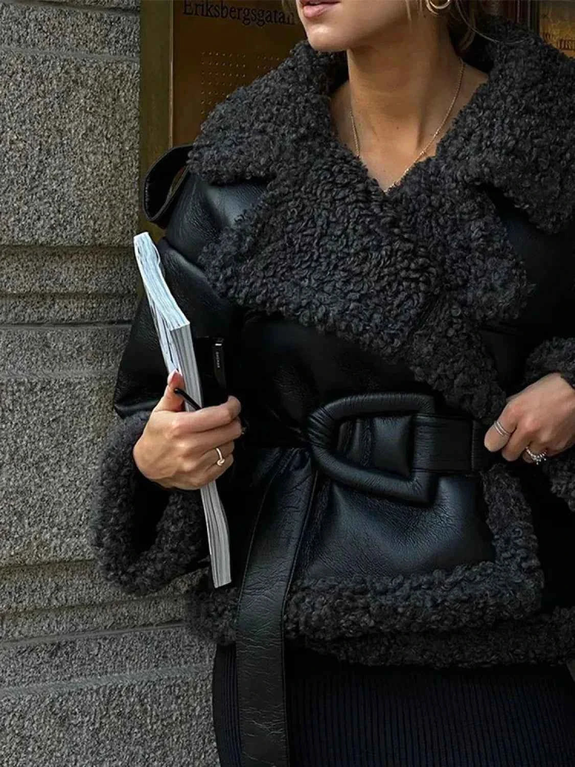 Leopard Print Faux Fur Coat with Turn-Down Collar and Long Cut