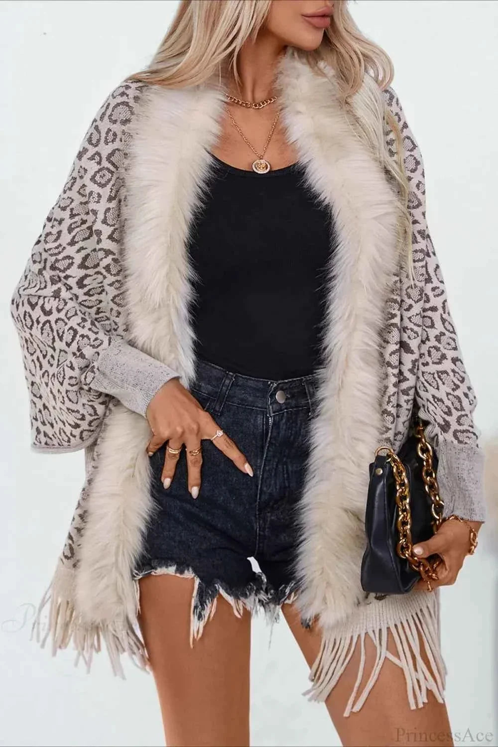 Leopard Print Knit Coat with Faux Fur Collar and Fringe Trim