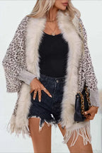 Leopard Print Knit Coat with Faux Fur Collar and Fringe Trim