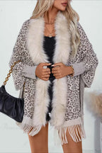 Leopard Print Knit Coat with Faux Fur Collar and Fringe Trim