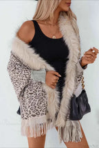 Leopard Print Knit Coat with Faux Fur Collar and Fringe Trim