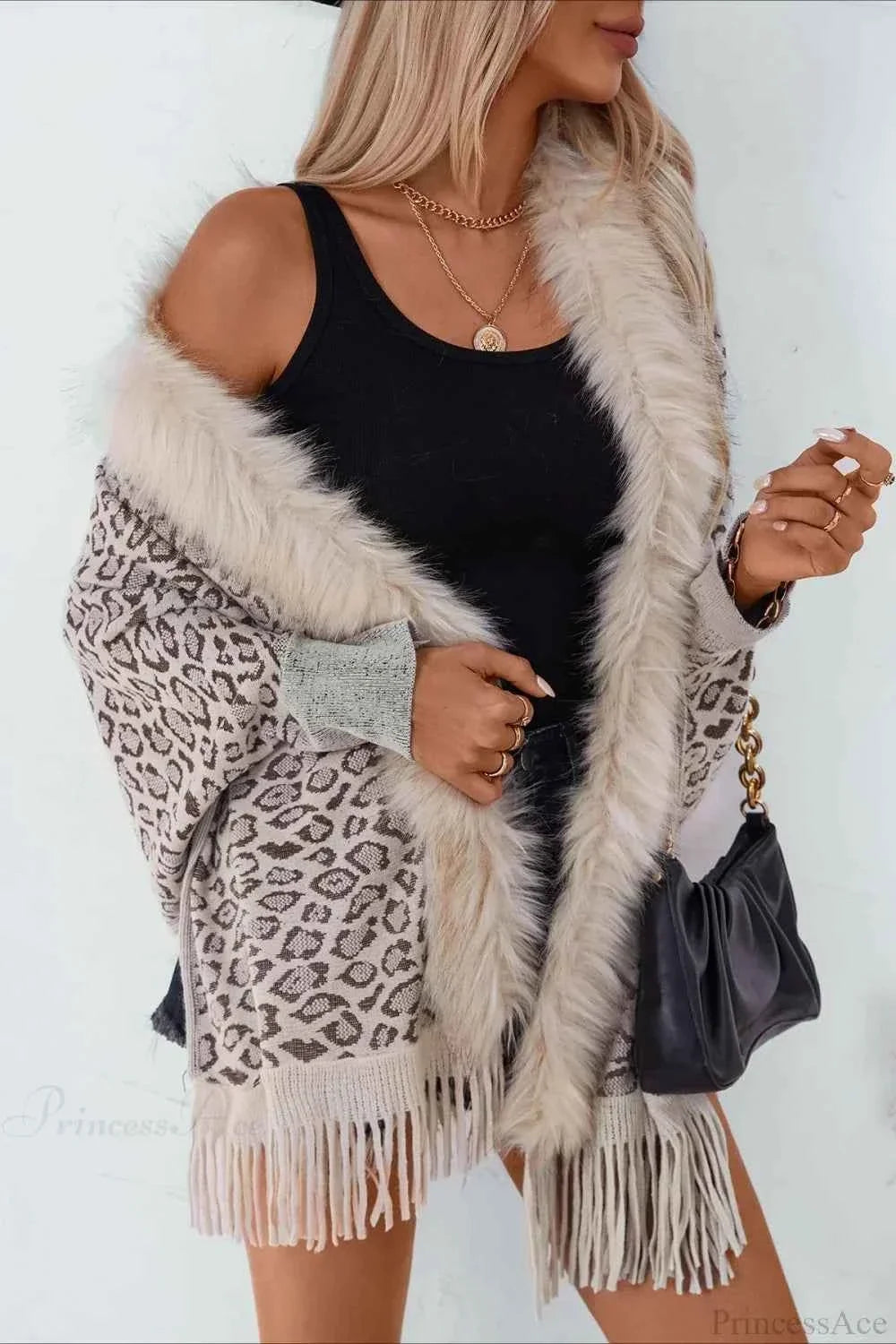 Leopard Print Knit Coat with Faux Fur Collar and Fringe Trim