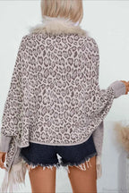 Leopard Print Knit Coat with Faux Fur Collar and Fringe Trim