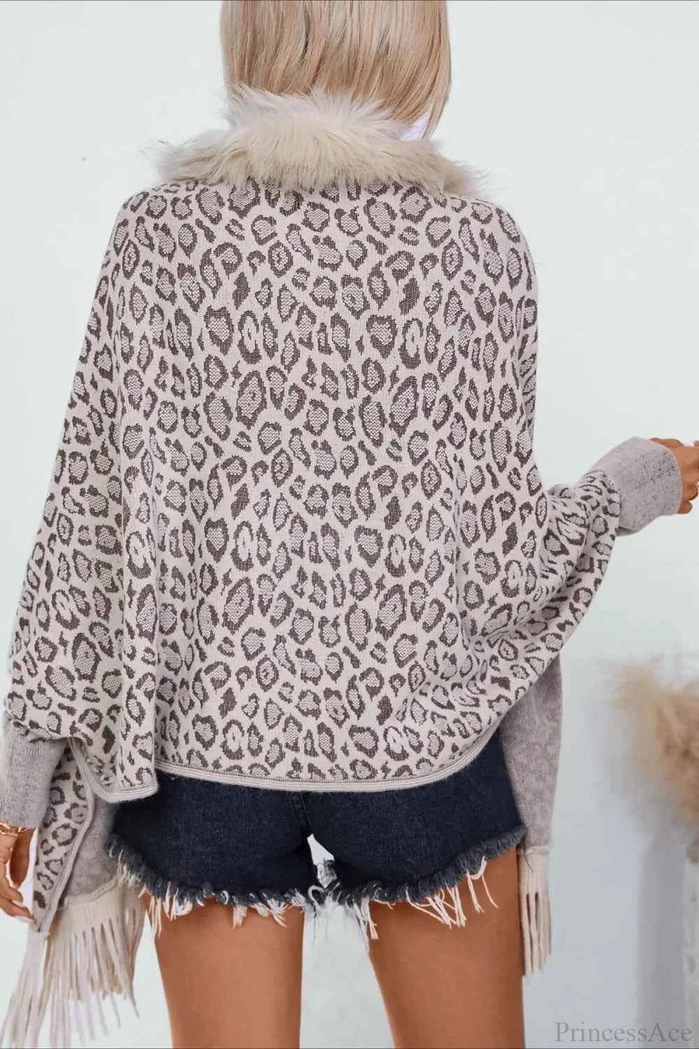 Leopard Print Knit Coat with Faux Fur Collar and Fringe Trim