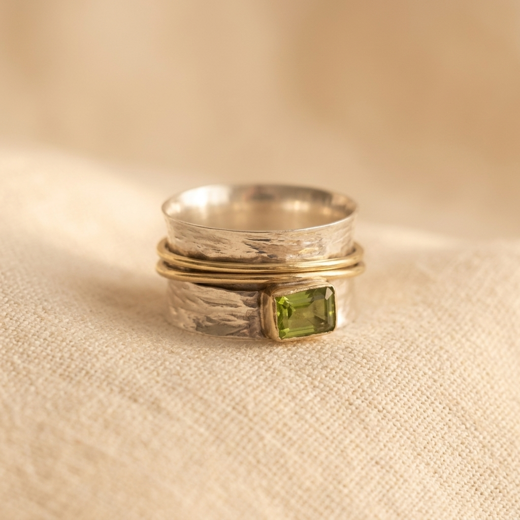 Vintage-Style Hammered Two-Tone Peridot-Look Ring