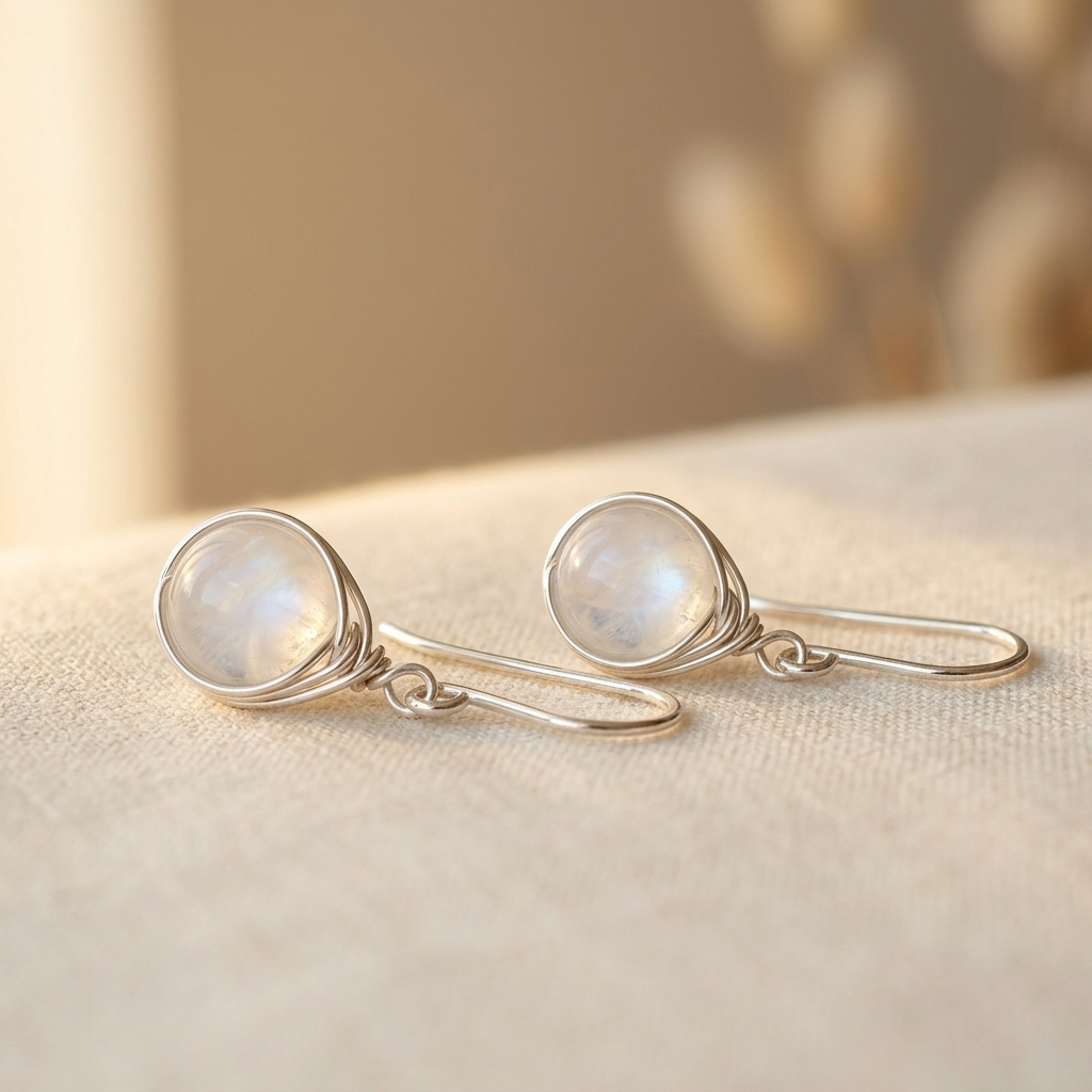 Moonstone Mini Drop Earrings in Silver Tone