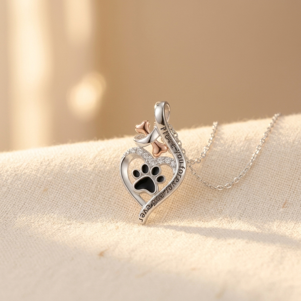 Lucky Paw Heart Pendant Necklace with Bone Charm