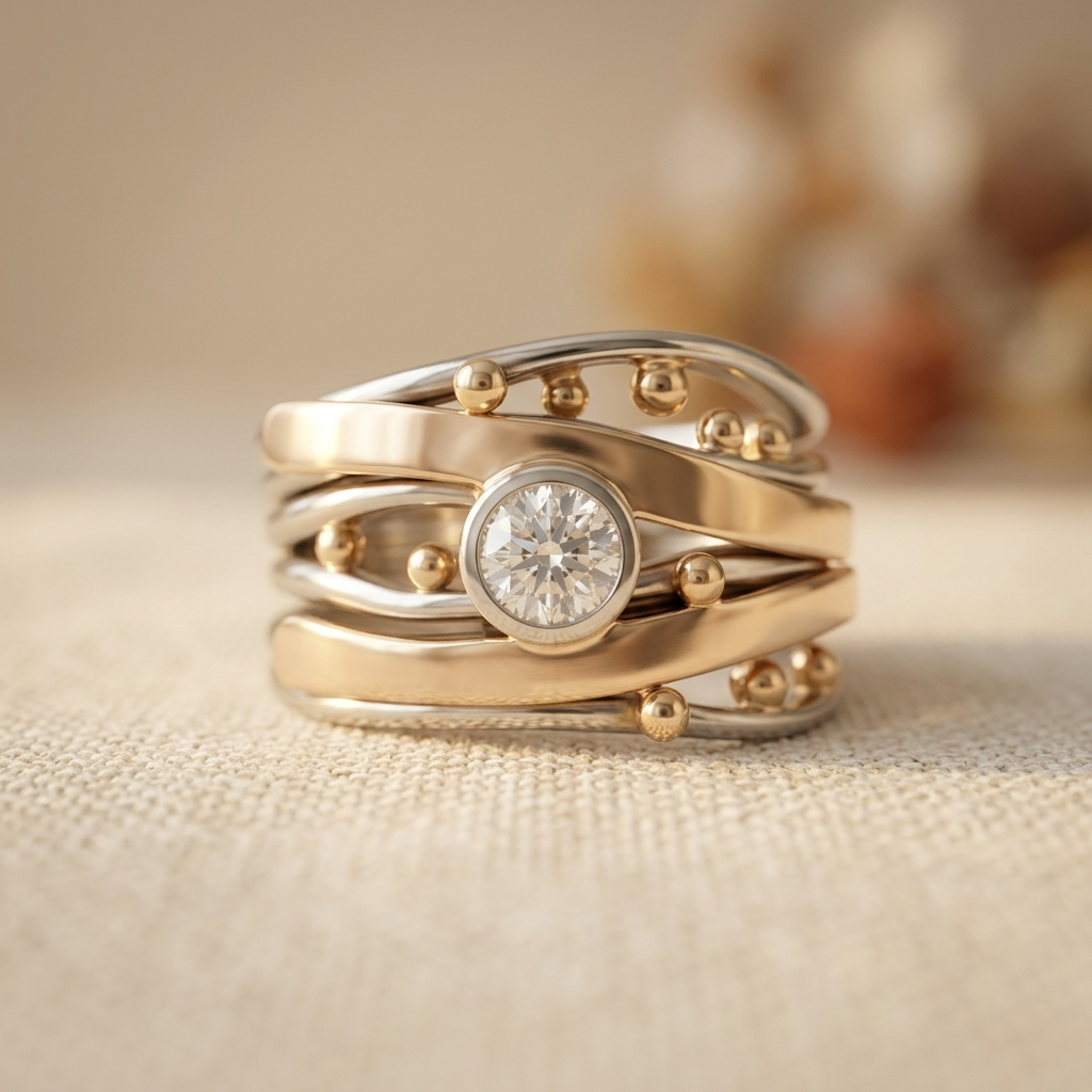 Vintage-Style Zirconia Accent Gold-Tone Inlay Artisan Band Ring
