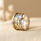 Star and Moon Moonstone Two-Tone Artisan Ring