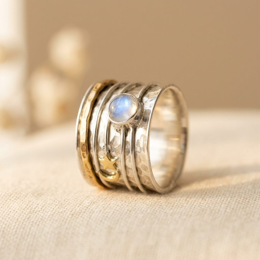 Star and Moon Moonstone Two-Tone Artisan Ring