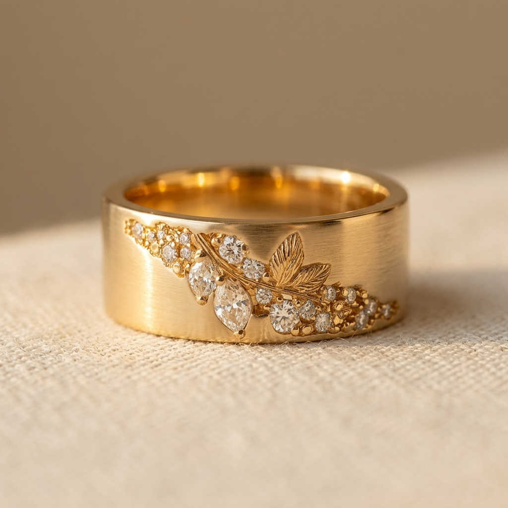 Vintage-Style Wide Gold-Plated Shiny Zirconia Leaf Ring