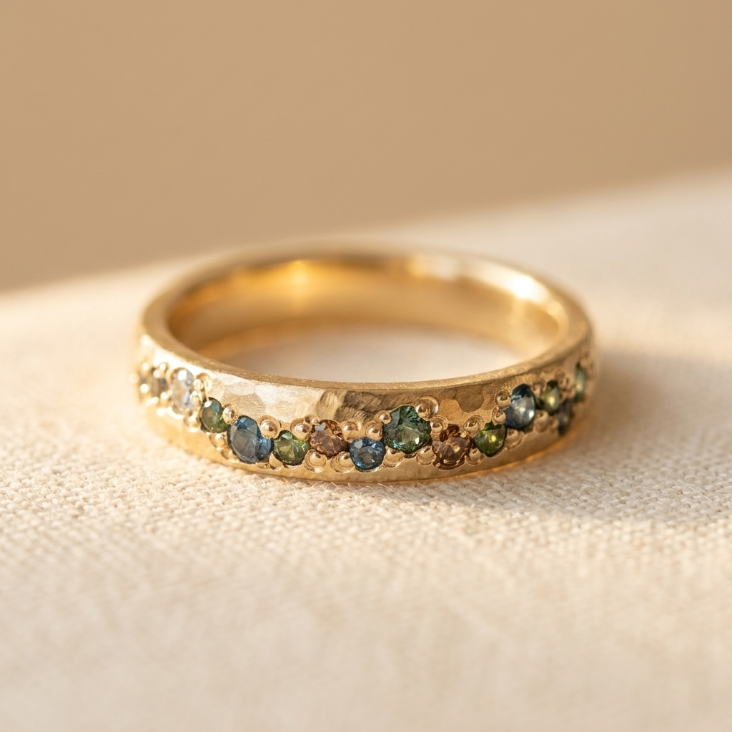 Gold-Tone Band Ring with Multicolour Crystal Row