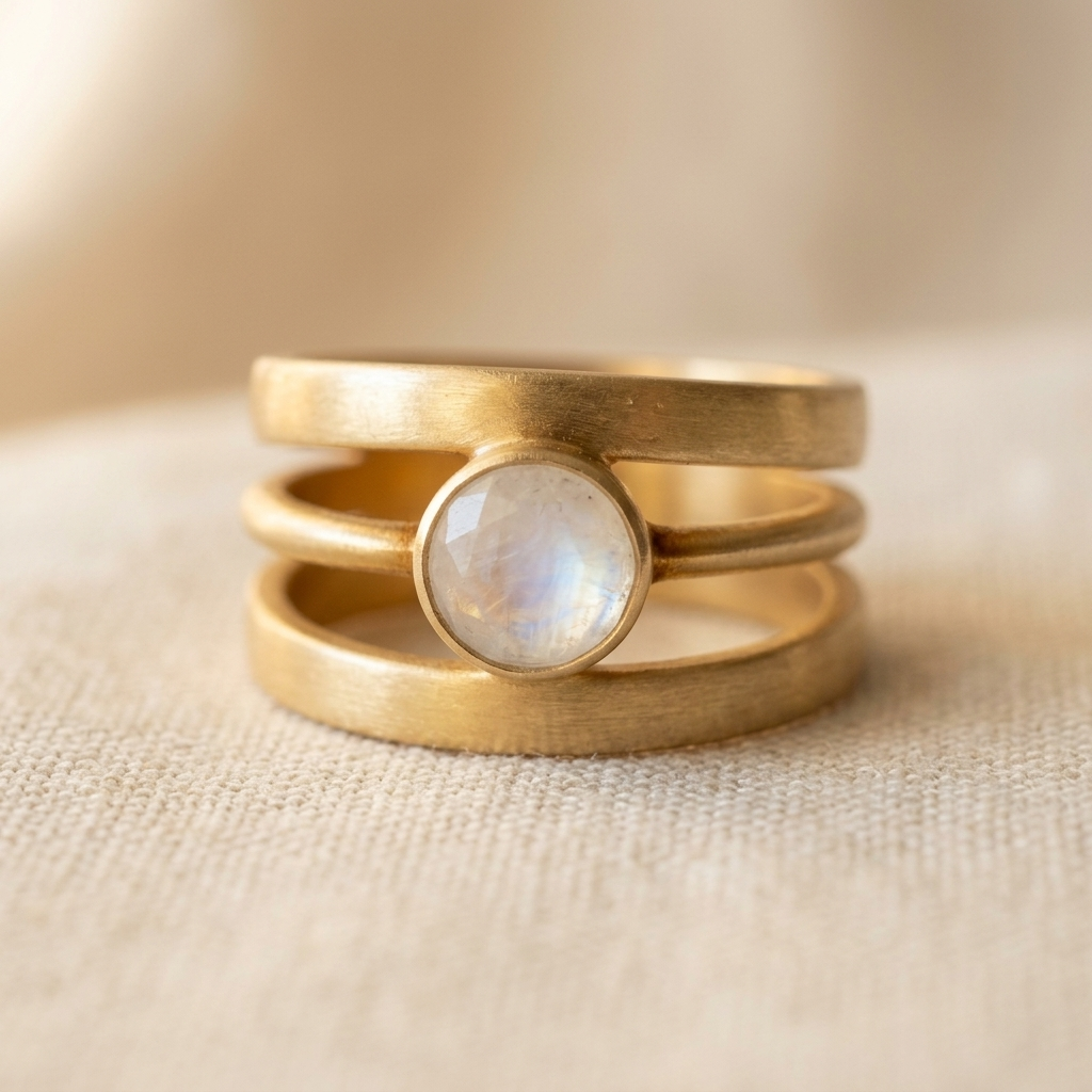 Vintage-Style Moonstone Gold-Tone Triple Band Artisan Ring