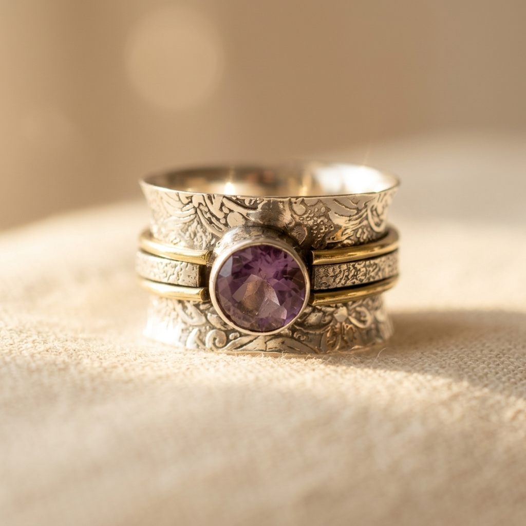 Bohemian Amethyst Crystal Spinner Band Ring