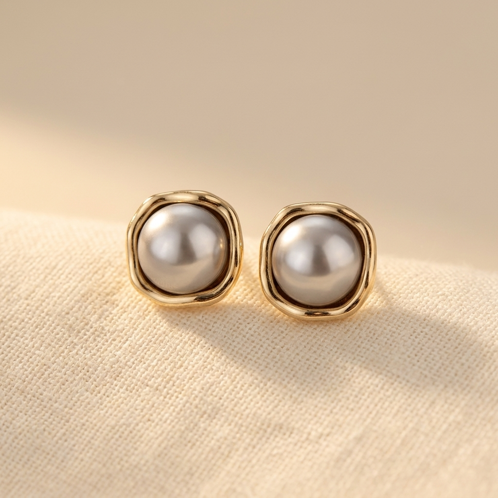 Black Pearl Stud Earrings with Gold-Tone Rim