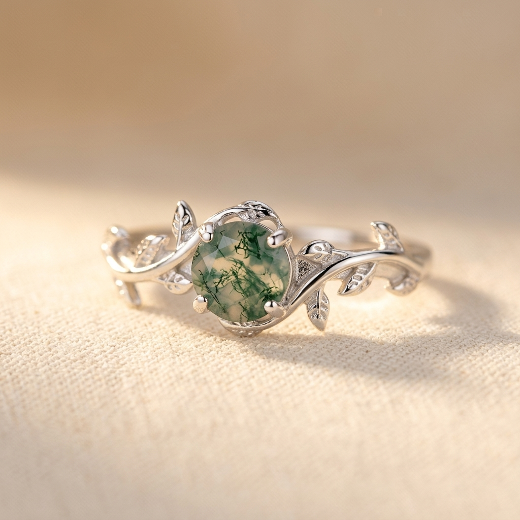 Vintage-Style Silver-Tone Round Moss Agate Leaf Ring