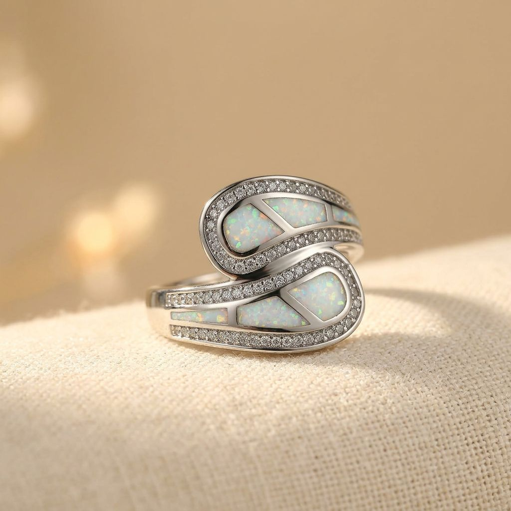 Vintage-Style Bohemian White Opal-Look Silver-Plated Ring