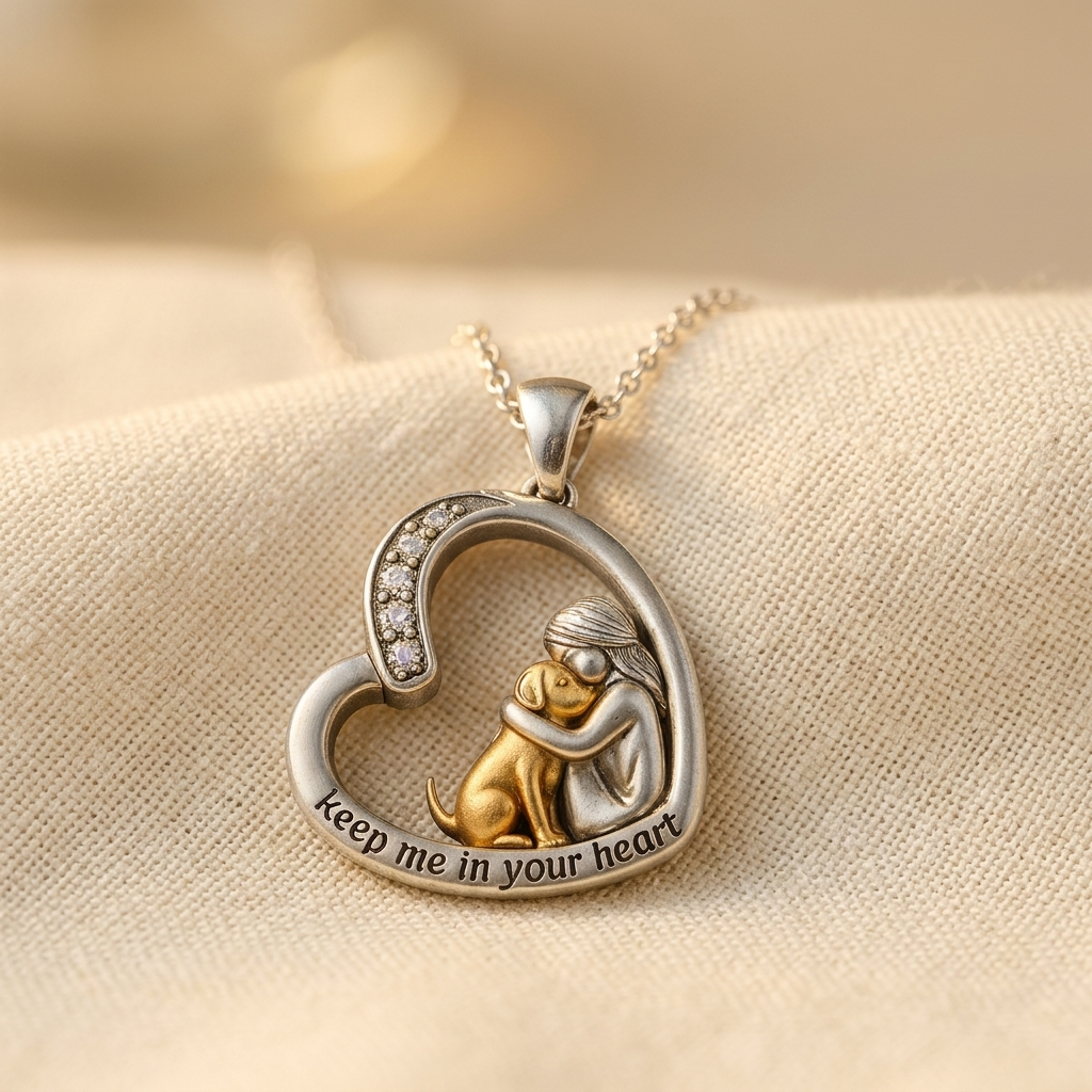 Silver-Tone Heart Necklace with Dog and Zirconia