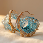 Blue Wave Glass Hoop Earrings with Pavé Edge
