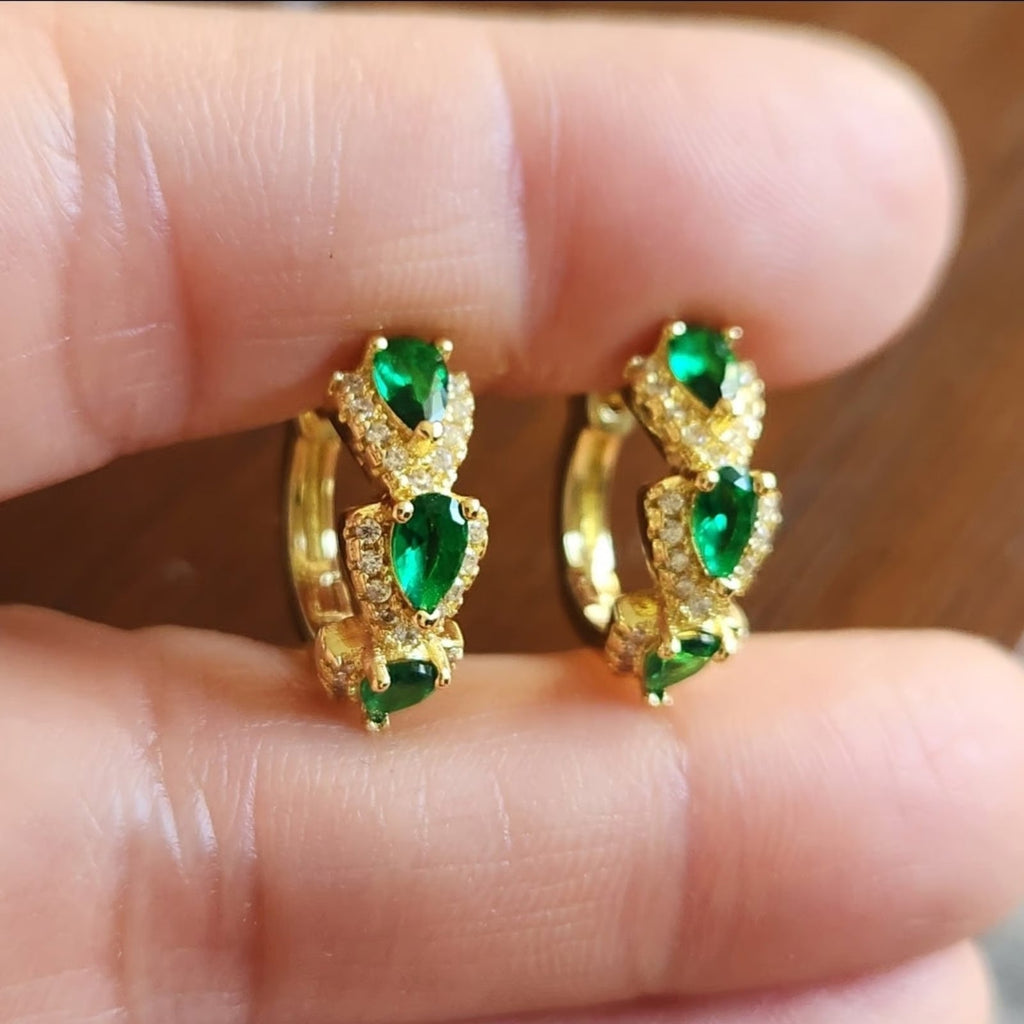 Green Stone Mini Hoop Earrings in Gold Tone