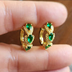Green Stone Mini Hoop Earrings in Gold Tone